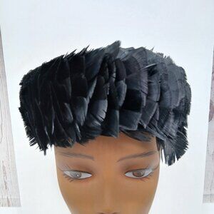 Vintage Womens Black Feather Fascinator Pillbox Hat Union Made